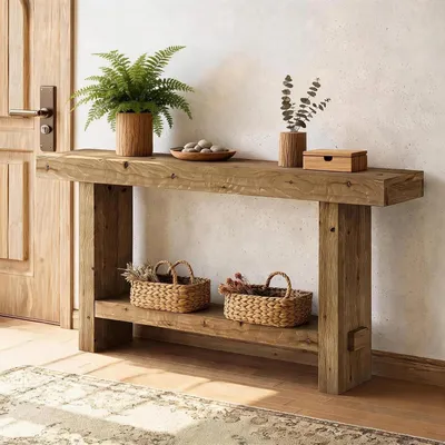 Zdjęcie produktu dla Konsola z litego drewna, 160 cm, dwupoziomowa, w stylu wiejskim, do salonu, kolor brązowy