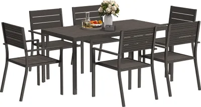 Produktbild von Outsunny Sitzgruppe 7-teilig Essgruppe für 6 Personen Esstisch mit 6 stapelbar Esszimmergruppe mit geschlitzte für Terrasse, Balkon Dunkelbraun