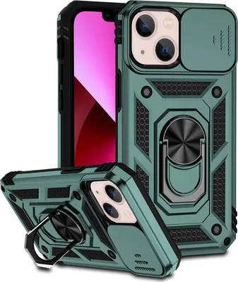 Image de Étui pour iPhone 13 étui double couche avec cache-appareil photo coulissant et support annulaire vert