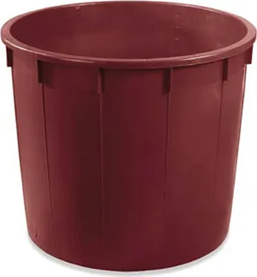 A maroon plastic fermentation bucket with vertical ridges.