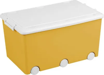 A yellow toy box with a white lid and wheels, isolated on a white background.