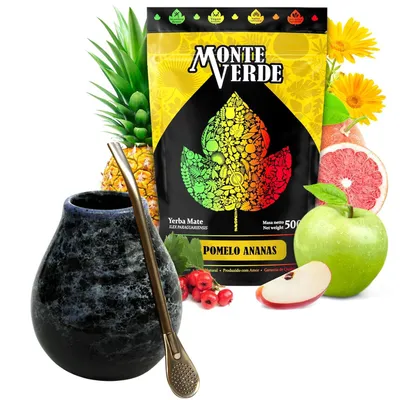 Zdjęcie produktu dla Zestaw do herbaty Yerba Mate z herbatą Yerba Mate Monte Verde Pomelo Ananas 500 g – herbata Yerba Mate z ananasem i jabłkiem – ceramiczny kubek do mate Marmol 350 ml, bombilla 19 cm