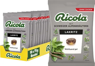 Produktbild von Ricola Lakritz, 18 Beutel original Schweizer Kräuter-Bonbons mit 13 Schweizer Alpenkräutern, zuckerfrei, für wohltuenden Genuss, 18 x 75g