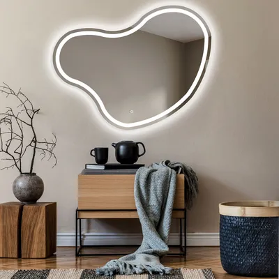 Produktbild von Unregelmäßiger asymmetrischer Spiegel mit LED Beleuchtung 84x64 cm - mit LED Beleuchtung - LED Farbe Kaltweiß 7000K - Individuell Nach Maß - Beleuchtet Wandspiegel Lichtspiegel Badezimmerspiegel - Sensor Schalter - NER223