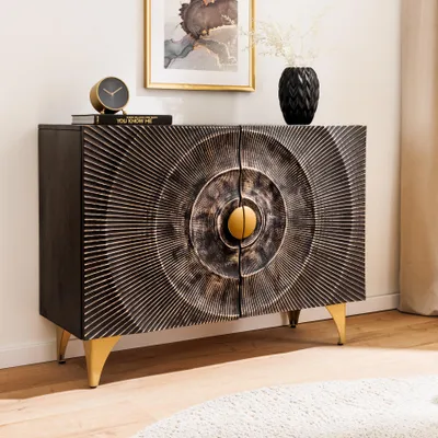 Produktbild von riess-ambiente Sideboard GOLDEN SUNSET 100cm schwarz gold massives Mangoholz Metall 3D-Schnitzerei