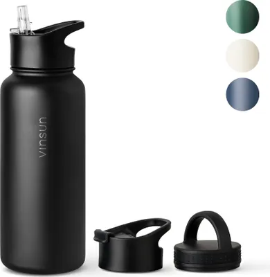 Produktbild von Trinkflasche Edelstahl 1L Thermo Flasche Sport isoliert schwarz Strohhalm Vinsun