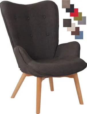 A dark gray fabric lounger chair with wooden legs is shown against a white background. A small collage of color swatches is in the upper right corner.