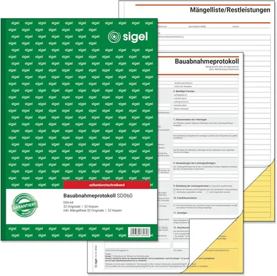 Produktbild von SIGEL SD060 Bauabnahmeprotokoll - A4 - selbstdurchschreibend - mit Mängelliste (32 Sätze) - 2x 64 Blatt