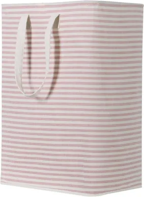 A striped laundry basket with handles.