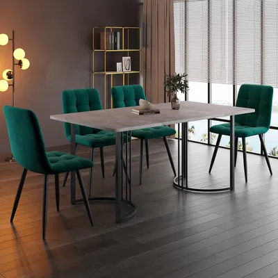A dining set with four chairs and a table in a modern dining room.