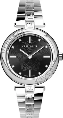 A studio shot of a silver and black Versace watch.
