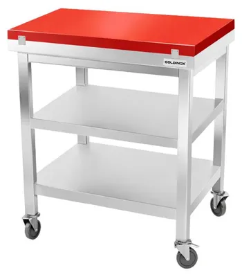 Productafbeelding van Werkblad van roestvrij staal, 800x600 mm, met rode snijplank en 2 wielen, PREMIUM - GOLDINOX
