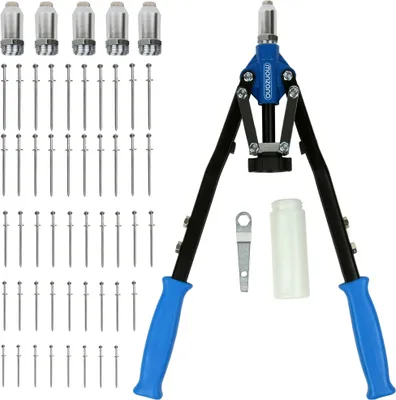 Produktbild von DEUBA® Nietenzange Set 5 Mundstücke 75 Nieten 3,2-6,4 mm Auffangbehälter Blindnietzange Popnietenzange Hohlnieten Zange KFZ Werkzeug
