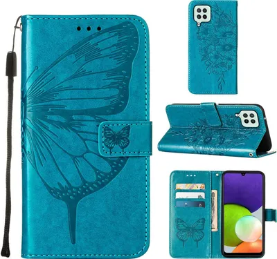 Produktbild von Galaxy A22 4G Hülle, Schmetterling Prägung Flip Leder Kartenfächer Schutzhülle Ledertasche mit Ständer für Samsung Galaxy A22 4G Blau