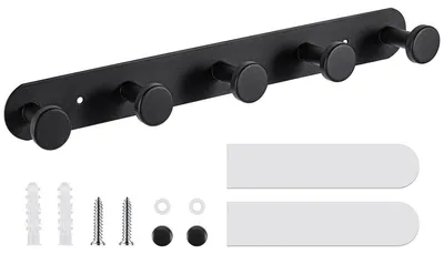 Produktbild von Garderobenhaken Schwarz mit 5 Haken, Edelstahl, Wandmontage oder Klebemontage