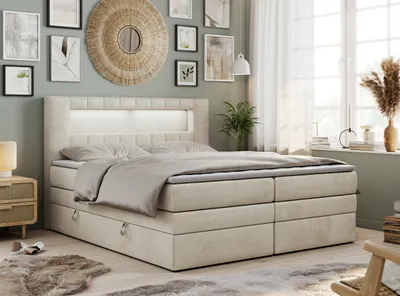 Produktbild von Boxspringbett mit LED Kopfteil und Topper - GOLD-5-KING - 140x200cm - Beige - Hart (H4)