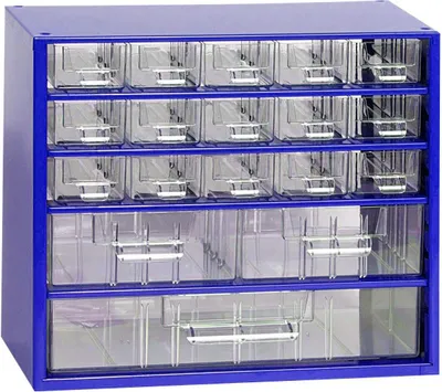 A blue metal cabinet with multiple clear drawers for storing small items.