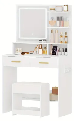 Image de Table de toilette - Table de maquillage - Coiffeuse - Table de cosmétiques - Coiffeuse blanche avec tabouret
