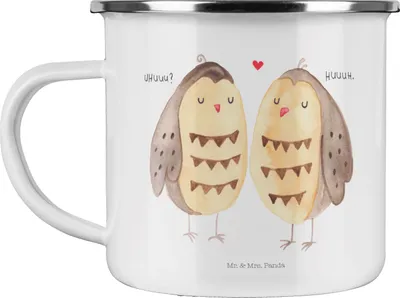Produktbild von Mr. & Mrs. Panda Emaille Tasse Eulen Liebe - Weiß - Geschenk, Eule, Teetasse, becher, glücklich, Hochzeit Spruch, Haferl, Pott, Romantisch