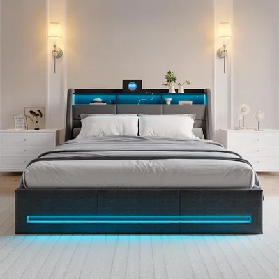 Image de Lit coffre 140x190 cm tissu gris, rangement hydraulique, LED multicolore télécommande & app, tête de lit avec prise et espace de rangement