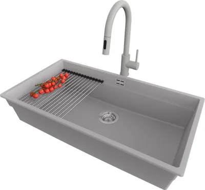 Produktbild von PRIMAGRAN Granitspüle Grau 86x47cm, Spülbecken 1 Becken + Küchenarmatur 40x20cm + Ablauf-Set + Küchenzubehörset, Küchenspüle ab 90er Unterschrank - Praga Slim