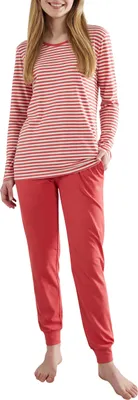 Produktbild von Götzburg Damen Schlafanzug Langarm - 100% Baumwolle, Winter Pyjama Set, Gestreift, Pyjamahose mit Bündchen Größe: 46