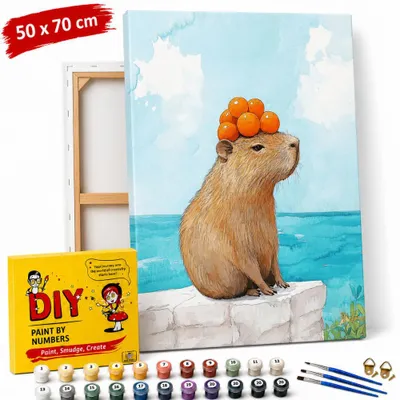 Obrázek produktu pro Obraz k vybarvení podle čísel s rámečkem „Kapibara s pomeranči“, 50 × 70 cm