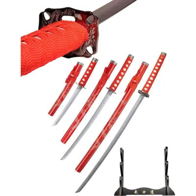 Image de Set d'épées décoratives "Dragon rouge" - Katana + Wakizashi + Tanto + Support - Acier au carbone - HK1109