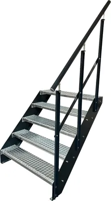 Obrázek produktu pro Mřížové ocelové příčkové schody 5 stupňů Pozinkované a antracitové Práškově lakované boky + zábradlí vpravo - (d x š x v) 101cm x 80cm x 95cm