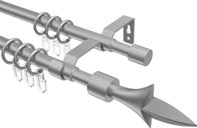 A double curtain rod system with rings and finials, shown against a white background.