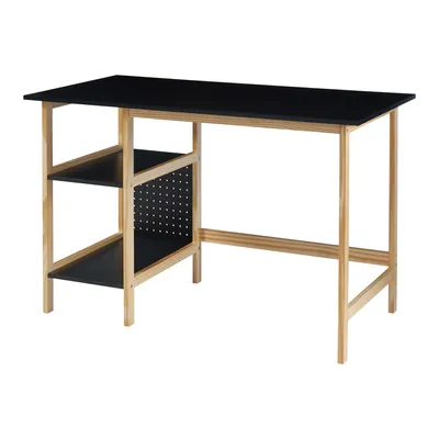 A black and wood-colored desk with shelves on a white background.