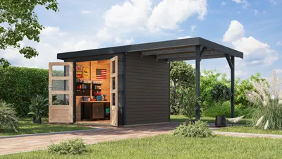 Produktbild von Karibu Gartenhaus Hybridhaus Metall Jupiter 3 im Set mit Anbaudach ca. 2,35 m breit terragrau 454,5x213,5x209 cm