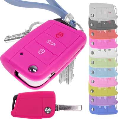 Produktbild von Auto Schlüssel Hülle Silikon Schutz Cover Pink kompatibel mit Golf 7 Polo 6C Seat Ateca Arona Leon Skoda Octavia Superb Kodiaq 3 Tasten Klappschlüssel