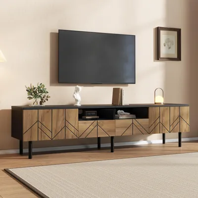 Produktbild von TV-Schrank Lowboard Lounge-Set Fernsehtisch 180x40x45cm Sitzgruppe bis 75kg Belastbar TV-Board aus Spanplatte mit 2 Schubladen 2 Türen Schwarz-Holzoptik
