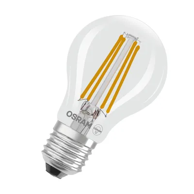 Zdjęcie produktu dla Żarówka LED OSRAM LED Classic z żarnikiem w klasycznym kształcie żarówki, przezroczysta szklana bańka, 3,8 W, oprawka E27, EEK A, 806 lm do oświetlenia ogólnego.