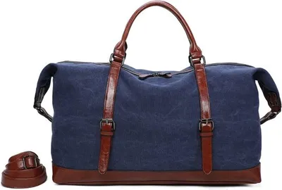 Immagine prodotto di Borsa weekender Ines Delaure da 35 litri in tela/ ecoFinto cuoio di colore blu, con tracolla regolabile e scomparti interni