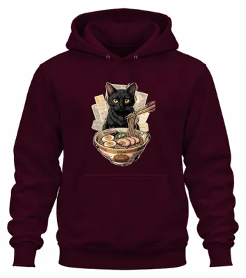 Imagen del producto de Sudadera con capucha estilo manga japonesa Y2K, con estampado de ramen de "Schwarze Katze", color burdeos, talla XL