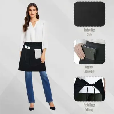 Produktbild von 4 Stück Kochschürzen für die Küche, Backschürzen für Restaurants, schwarze Küchenschürzen mit 2 Taschen