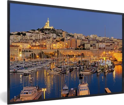 Produktbild von MuchoWow® Gerahmtes Poster Abend - Hafen - Marseille 90x60 cm - Poster mit Schwarzem Bilderrahmen Wandposter Rahmen Foto Bilder - Fotorahmen - Foto-Plakat