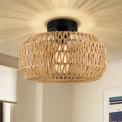Produktbild von Deckenlampe Boho Vintage Deckenleuchte E27 Pendelleuchte mit Rattan Lampenschirm Hängelampe für Wohnzimmer, Schlafzimmer, Küche, Flur