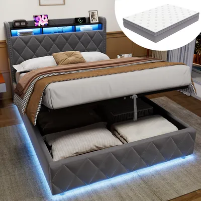Obrázek produktu pro Postel okwish 140x200 s LED osvětlením a zásuvkou, mládežnická postel s otevřenými přihrádkami a úložným prostorem, jednolůžko v šedé barvě, včetně matrace