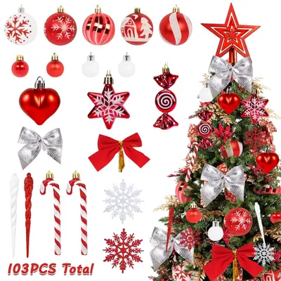 Image de Lot de 103 boules de Noël rouges et blanches de 6 cm