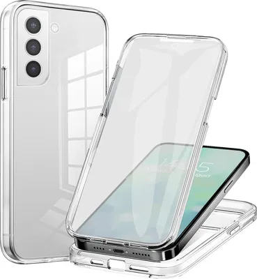 A transparent phone case is shown in two configurations: one as a standalone case, and another with a phone inside it.