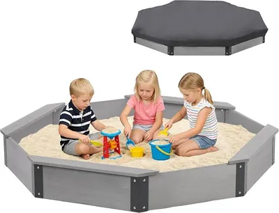 Imagen del producto de Caja de arena de madera octogonal con tapa, de 162 x 142 x 21 cm, ideal para niños, para uso en exteriores, en terrazas o patios. Montaje sencillo y rápido