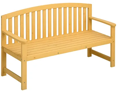 Zdjęcie produktu dla Ławka ogrodowa dwuosobowa, wykonana z drewna świerkowego, wymiary: 140x50x85 cm, kolor: pomarańczowy, powłoka wodoodporna, ergonomiczne oparcie, podłokietniki, struktura w postaci lameli, maksymalne obciążenie: 240 kg
