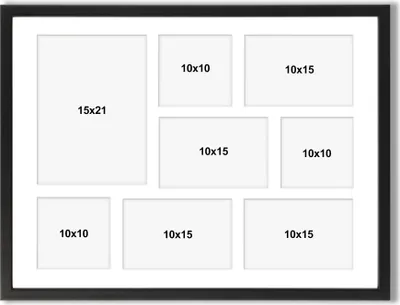 Produktbild von aFFa frames Tisar, Bilderrahmen aus Holz, Acrylglasfront, Mehrfach Bilderrahmen, Bildergalerie, Fotogalerie mit Passepartout, 8 Foto-Ausschnitten für 1 Foto 15x21 cm 4 Fotos 10x15 cm und 3 Fotos 10x10 Schwarz, 40x50 cm