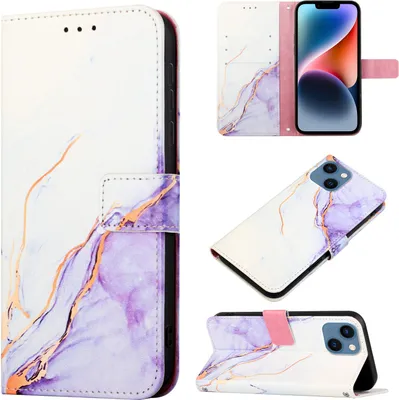 Produktbild von iPhone 15 Plus Hülle, Marmor Motiv Kunstleder Tasche Wallet Kartenfächer mit Standfunktion Klapp Schutzhülle für iPhone 15 Plus Weiß Lila