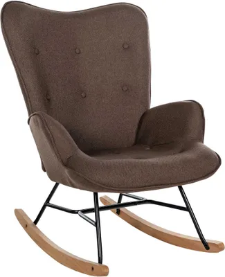 A brown fabric rocking chair with wooden rockers and black metal legs, isolated on a white background.