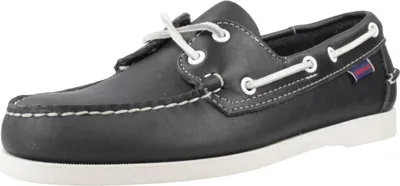 A single black leather boat shoe with white laces and stitching, shown from a side-diagonal angle on a white background.