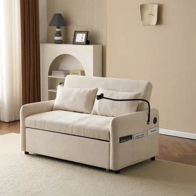 Produktbild von STILVORA Schlafsofa mit Kissen und verstellbarer Rückenlehne,Loungesofa mit USB,Stautasche und Handyhalter,Klappsofa für Schlafzimmer,Wohnzimmer&Wohnung,Beige